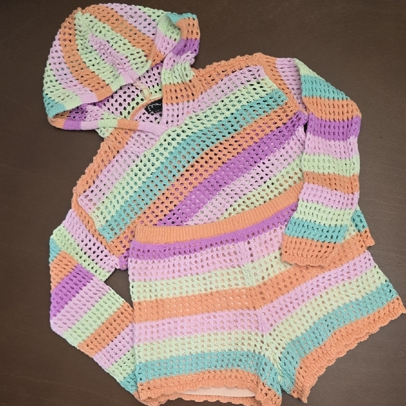 ART CLASS Girls XL 14 Colorful Striped Crochet Hoodie and Shorts Set Pastel - Picture 1 of 3
